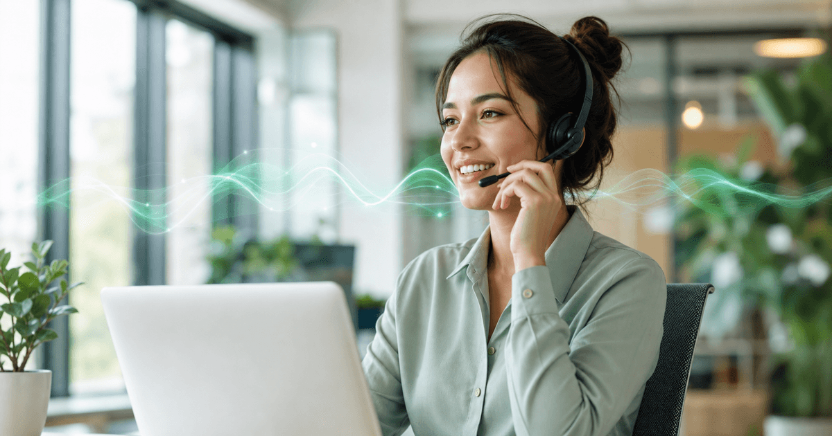 A person on a phone call with an AI voice agent visualized as sound waves