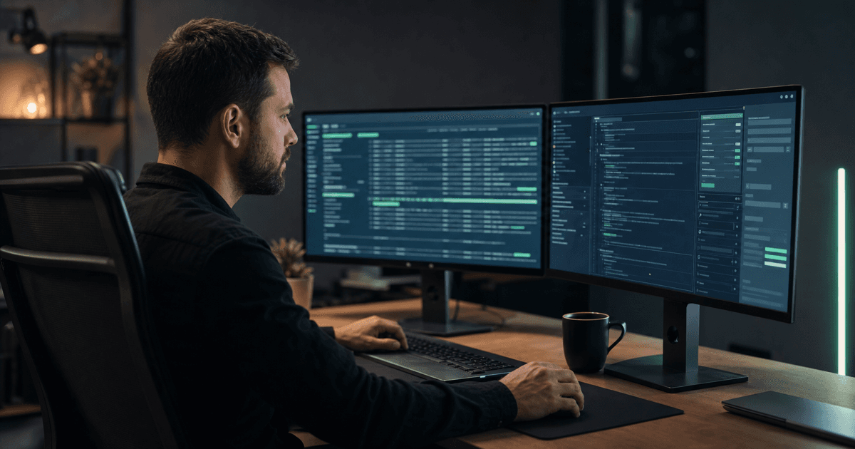 A security engineer reviewing application logs and configuration on two monitors