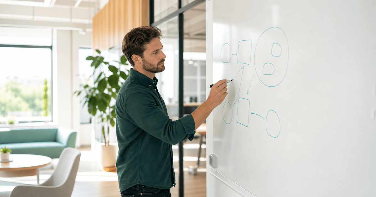 A founder sketching a minimum viable product on a whiteboard