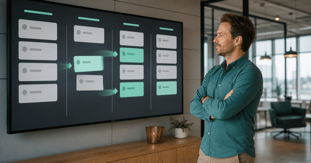 A business owner watching tasks move automatically across a workflow board