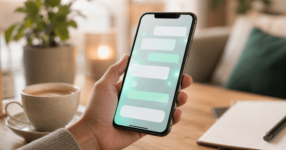 A customer chatting with a business AI assistant on a smartphone messaging app