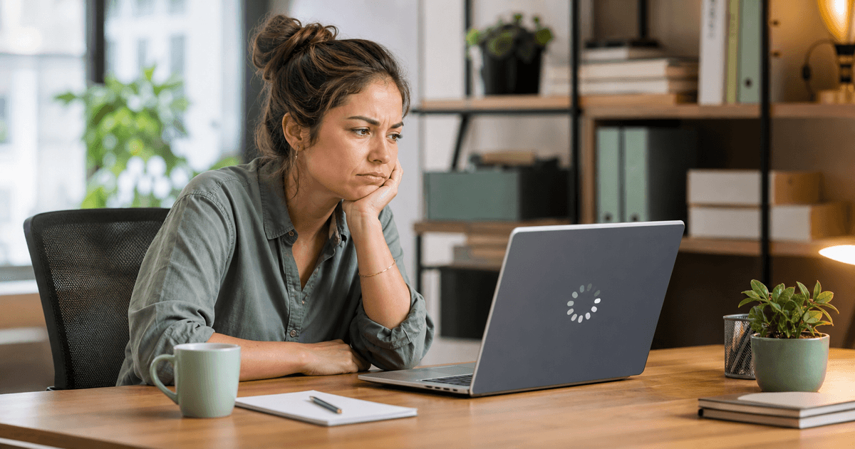 A frustrated business owner watching a slow loading bar on a laptop
