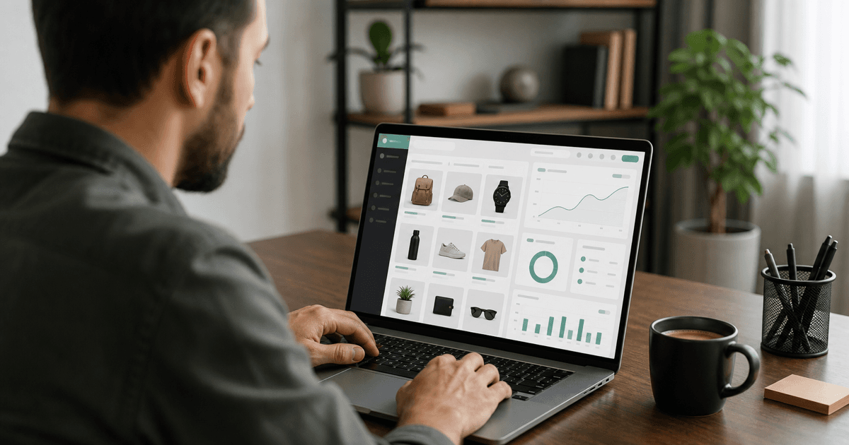 A developer building a custom WooCommerce store on a laptop with a product catalog and admin dashboard on screen