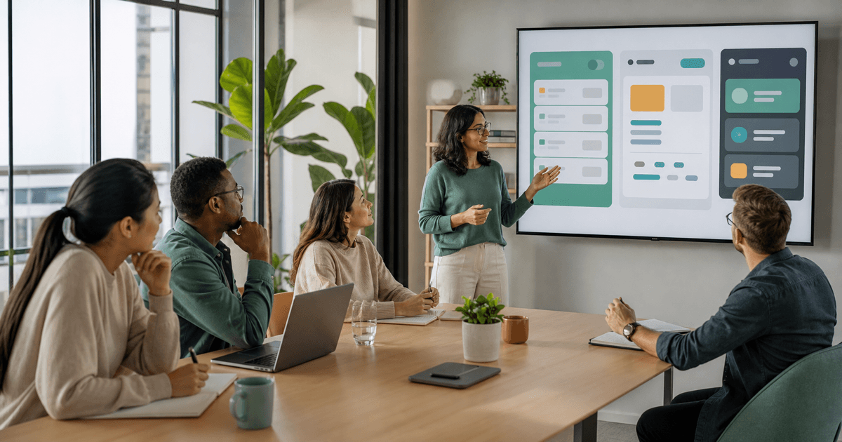 A support team comparing help desk software options on a large screen
