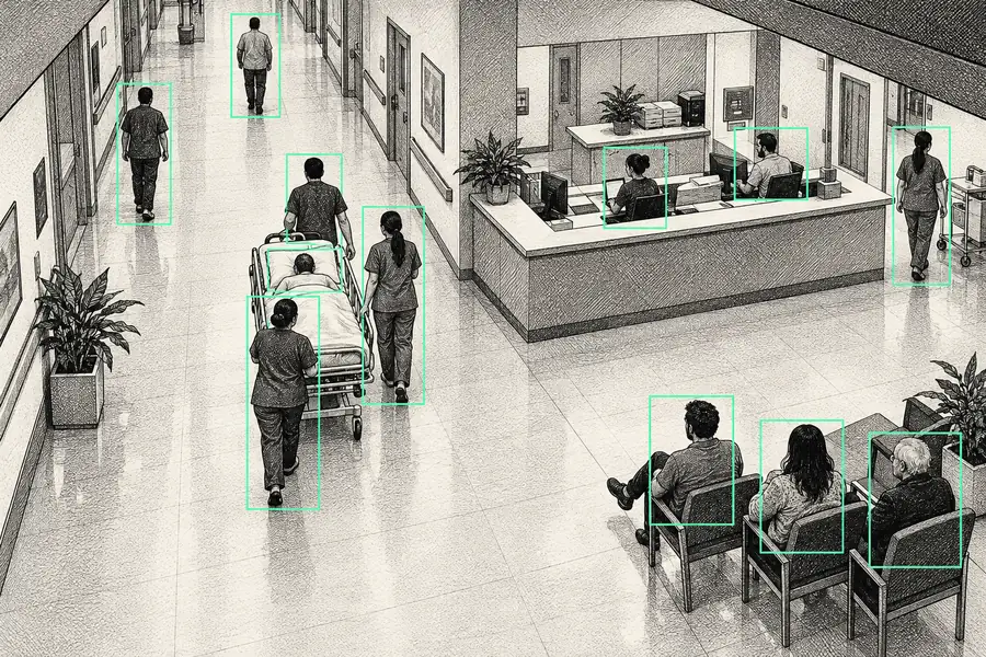 Illustration: hospitals and healthcare scene with detection boxes