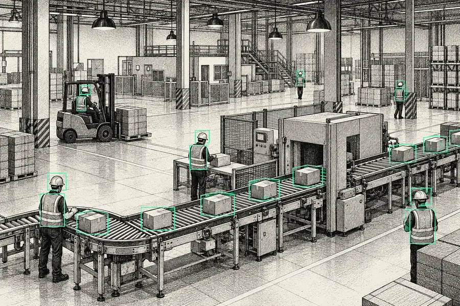 Illustration: industrial and manufacturing scene with detection boxes