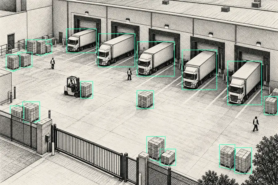 Illustration: warehousing and logistics scene with detection boxes