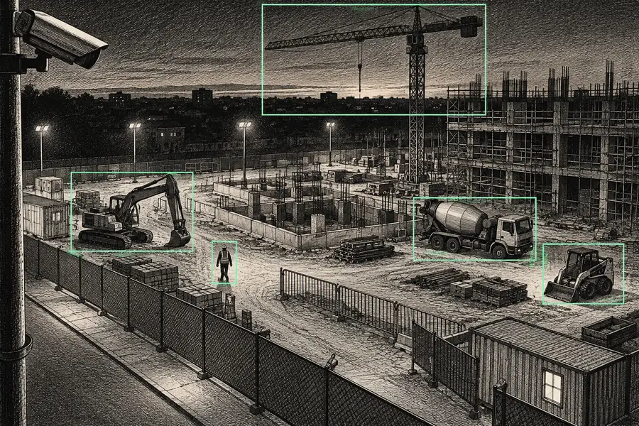 Illustration: construction and security scene with detection boxes
