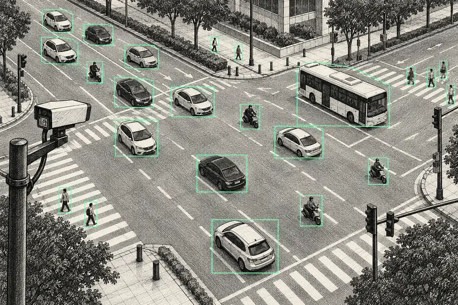 Illustration: traffic and cities scene with detection boxes