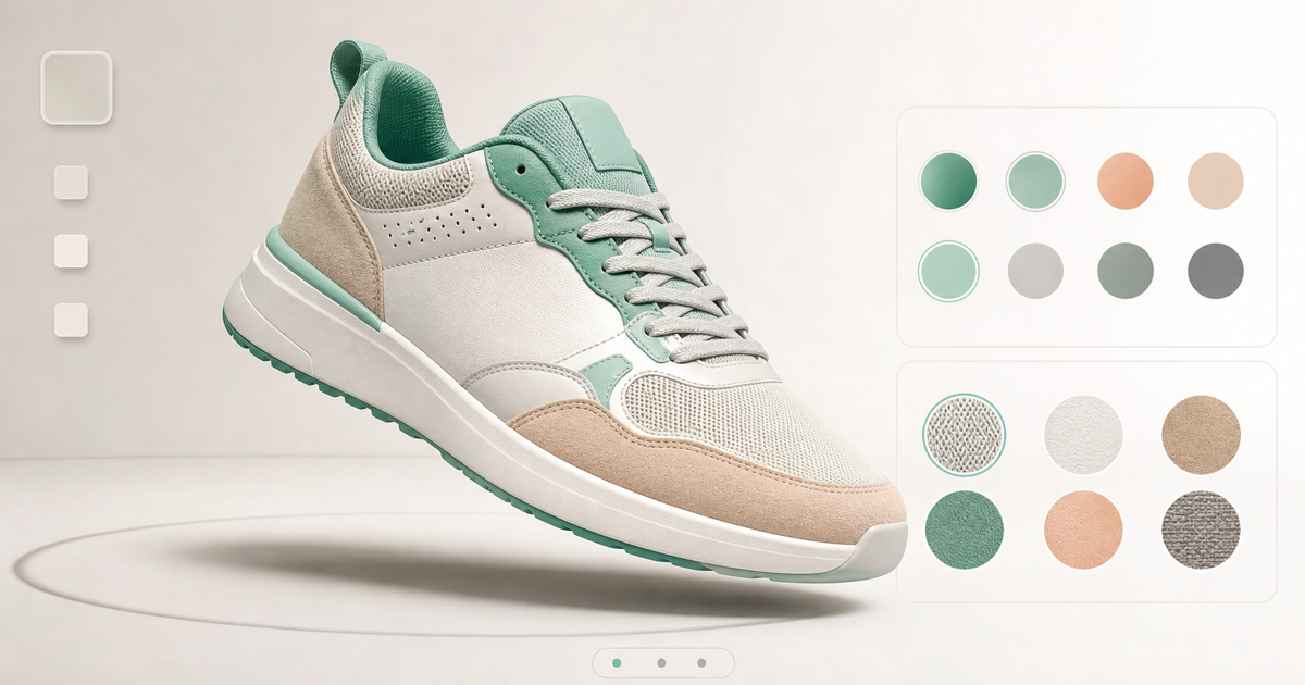 A customizable 3D product rotating on a clean product page with color and material options