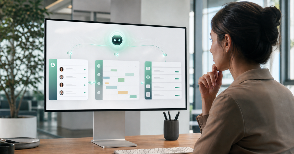 A business operations dashboard where an AI agent coordinates tasks across several connected systems