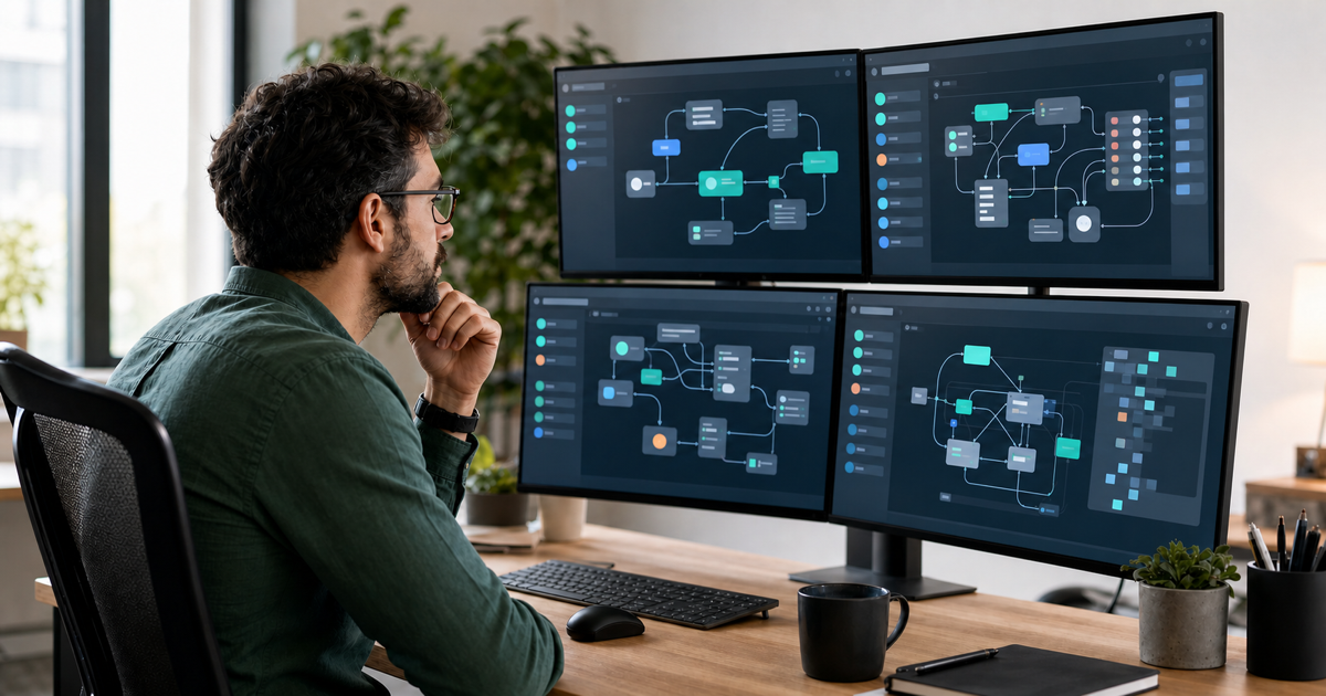 An engineer comparing AI agent frameworks and orchestration layers on multiple screens