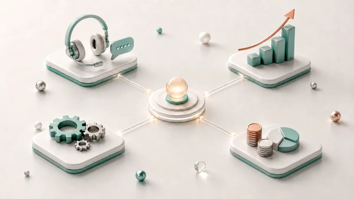 A grid of business workflow icons connected to a central AI agent hub