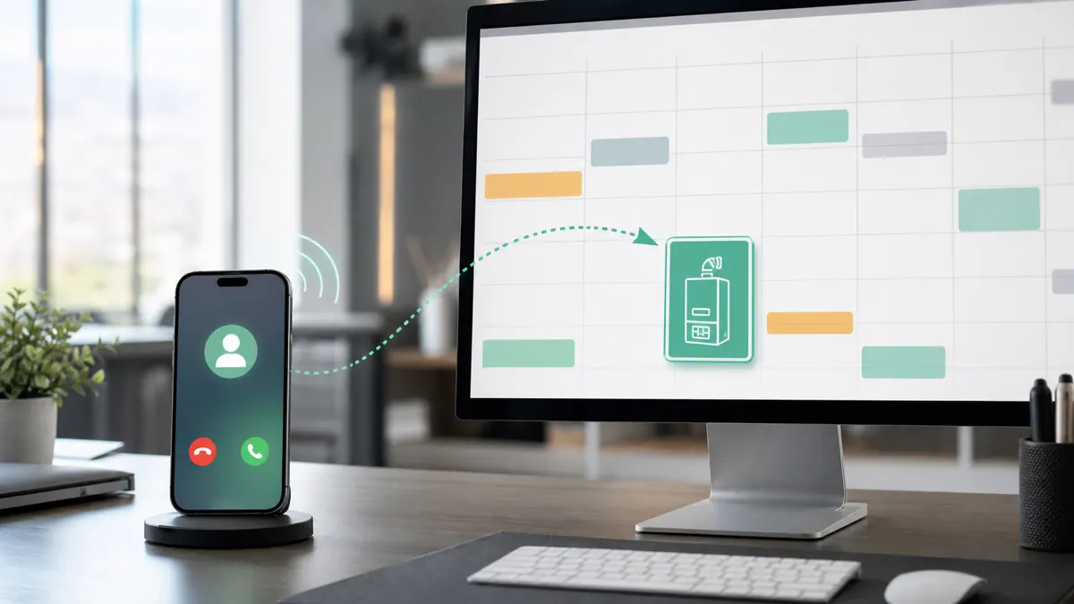 An AI answering service booking an HVAC service call into a scheduling calendar