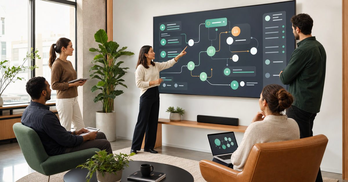 A marketing agency team reviewing automated client pipelines on a wall display
