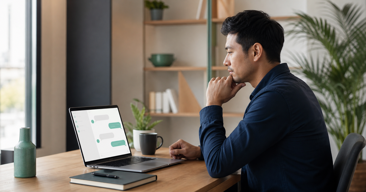 A business owner weighing two options on a laptop with a chat interface