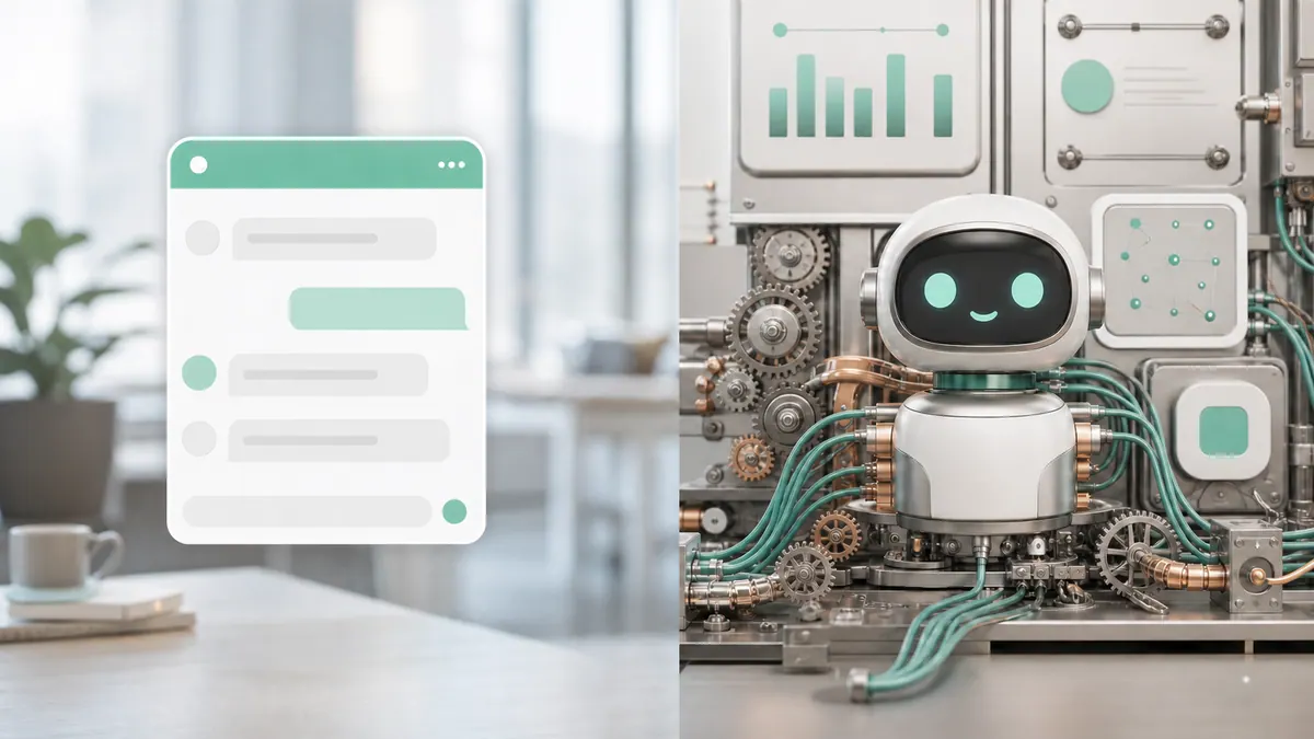 A split scene contrasting a plug-and-play chatbot widget with a custom-built chatbot connected to business systems