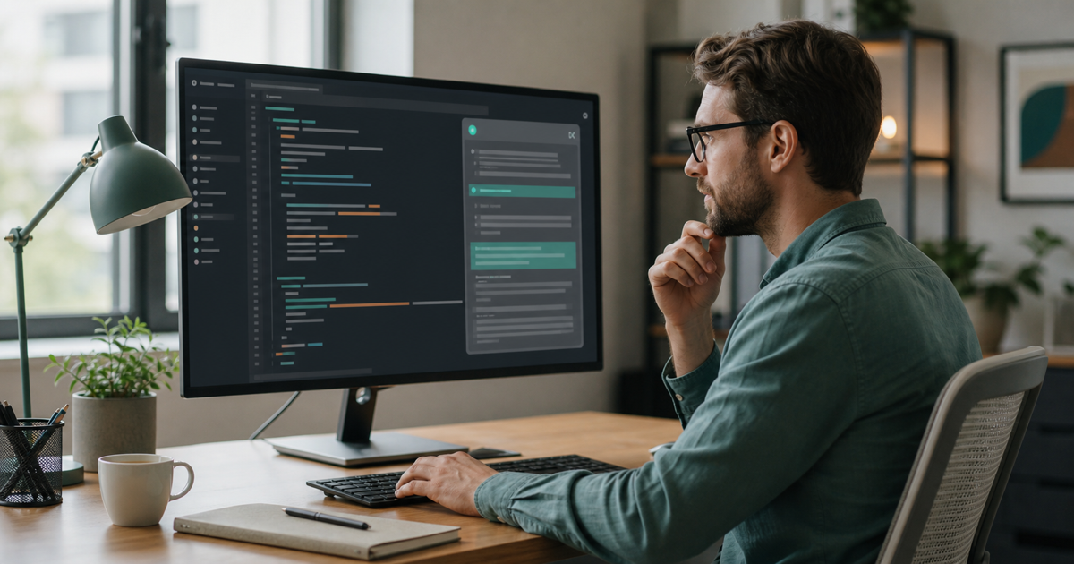 A developer reviewing AI-generated code side by side with an assistant panel