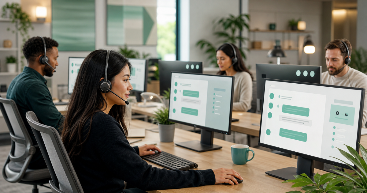 A support team working calmly with an AI assistant handling routine chats