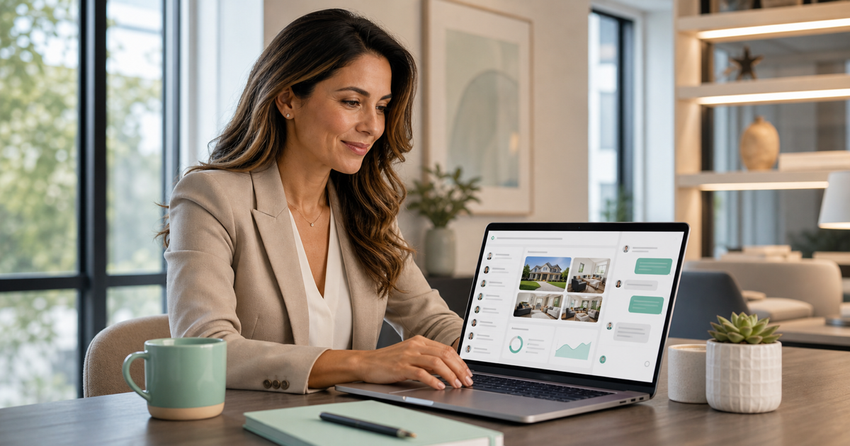 A real estate agent reviewing property leads on a laptop in a bright office