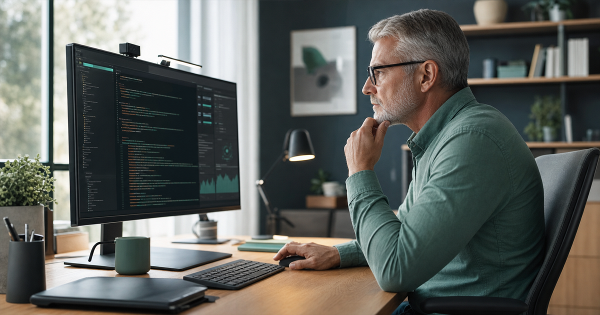 A senior engineer reviewing an application codebase on a large monitor