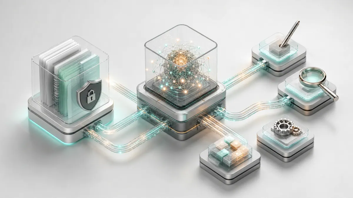A diagram of an AI feature connecting a model, private data, and application tools