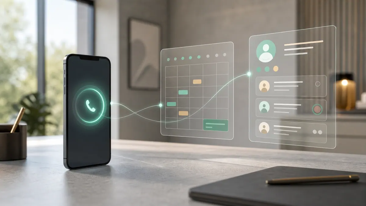 Diagram of an AI receptionist routing an incoming call to a calendar and CRM