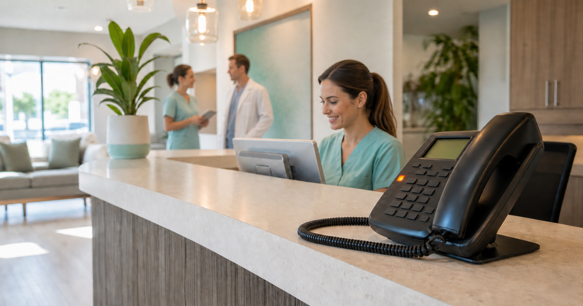 A dental clinic front desk with a ringing phone during a busy morning