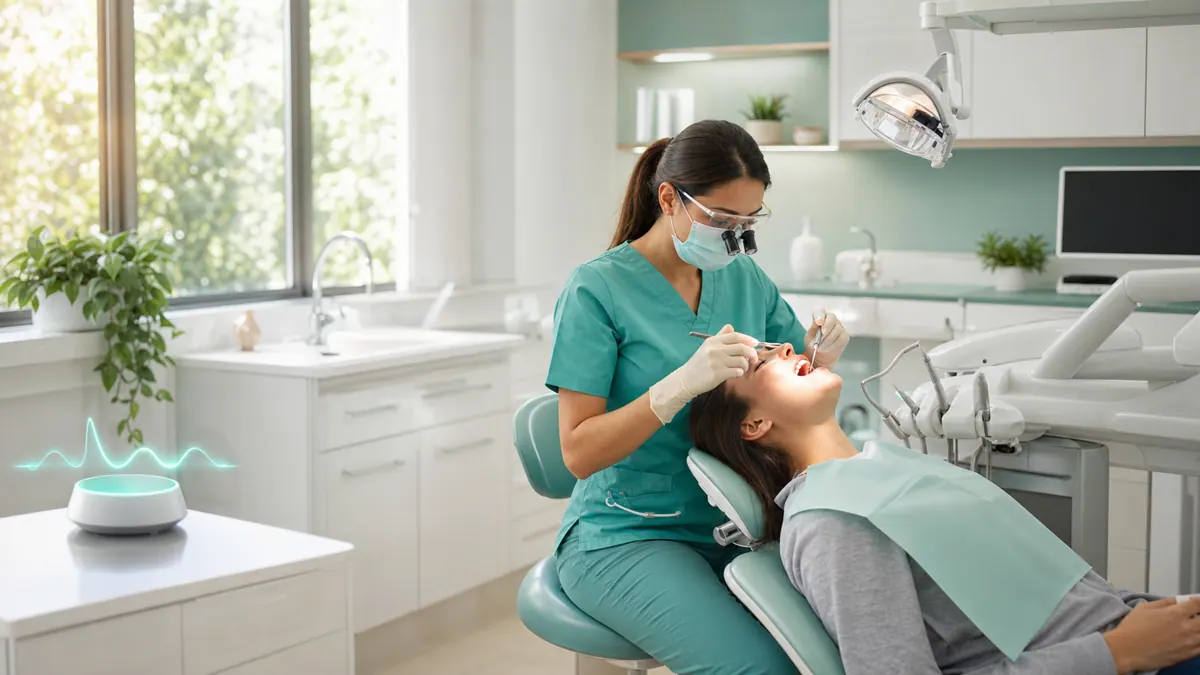A calm digital assistant handling patient calls while a dental team focuses on care
