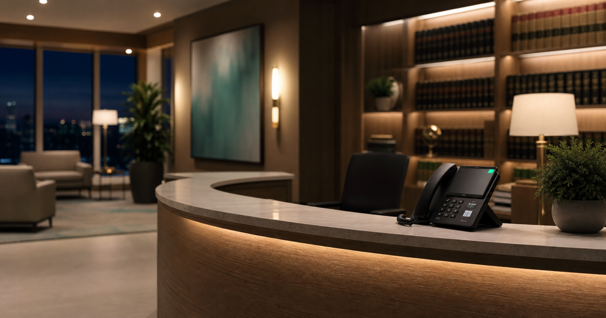 A law office reception desk with a phone answering a call after hours
