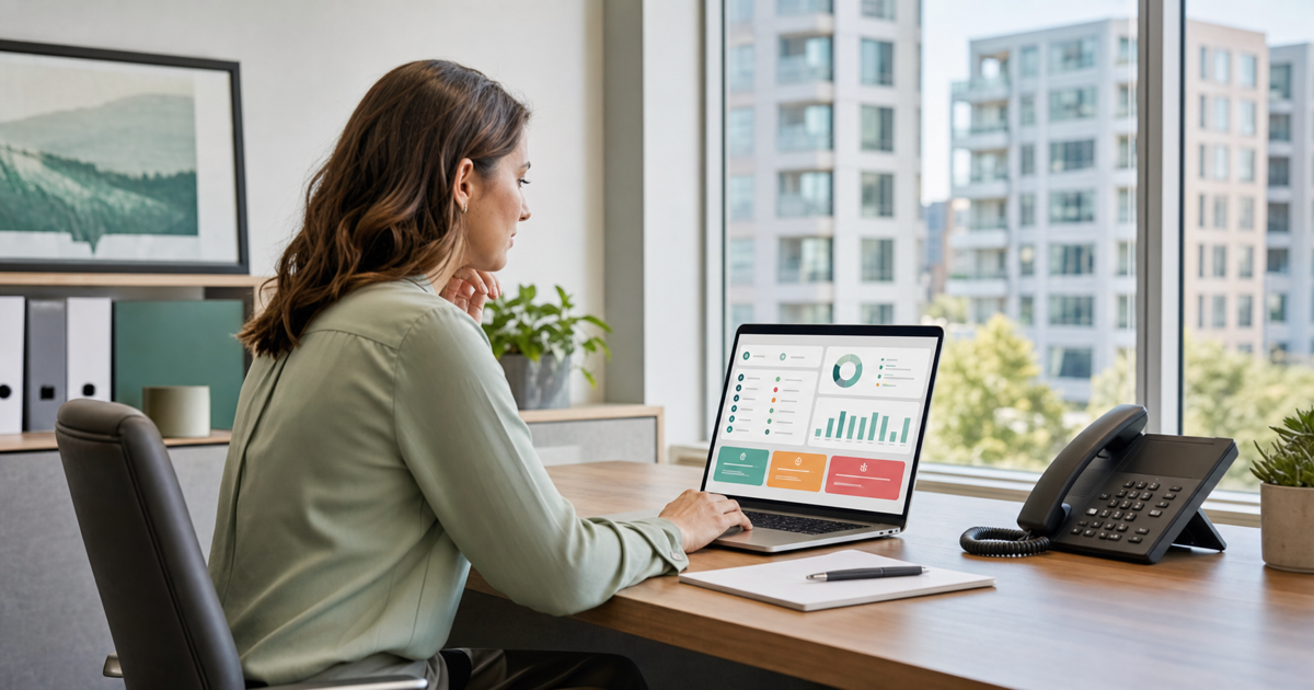 A property manager reviewing tenant call logs on a laptop in an office