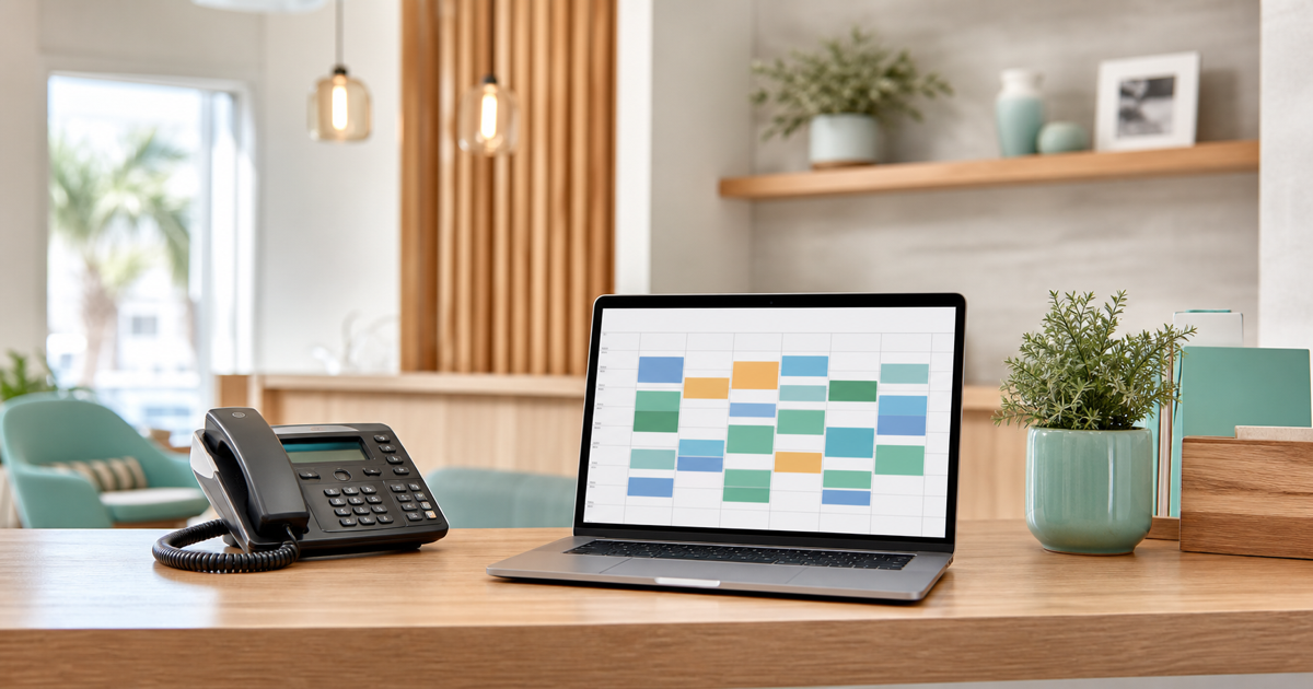 A small business phone ringing while a calendar fills with bookings