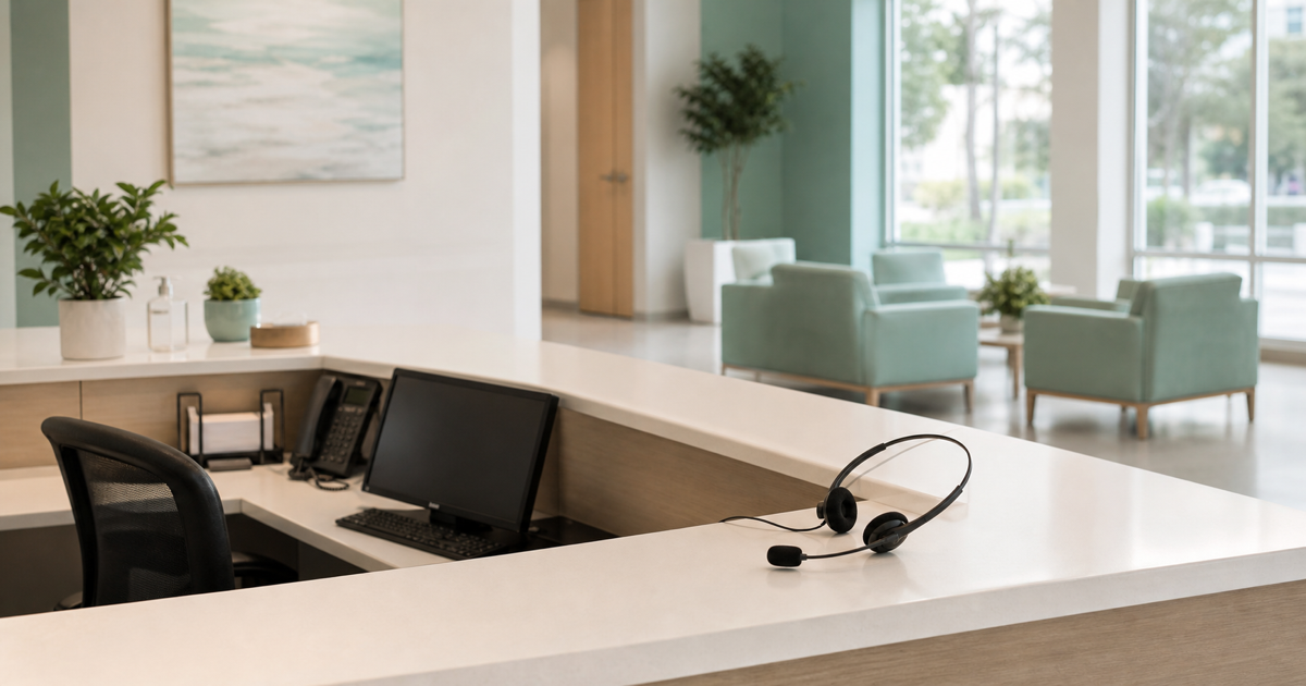 A calm medical front desk with a phone system handling patient calls