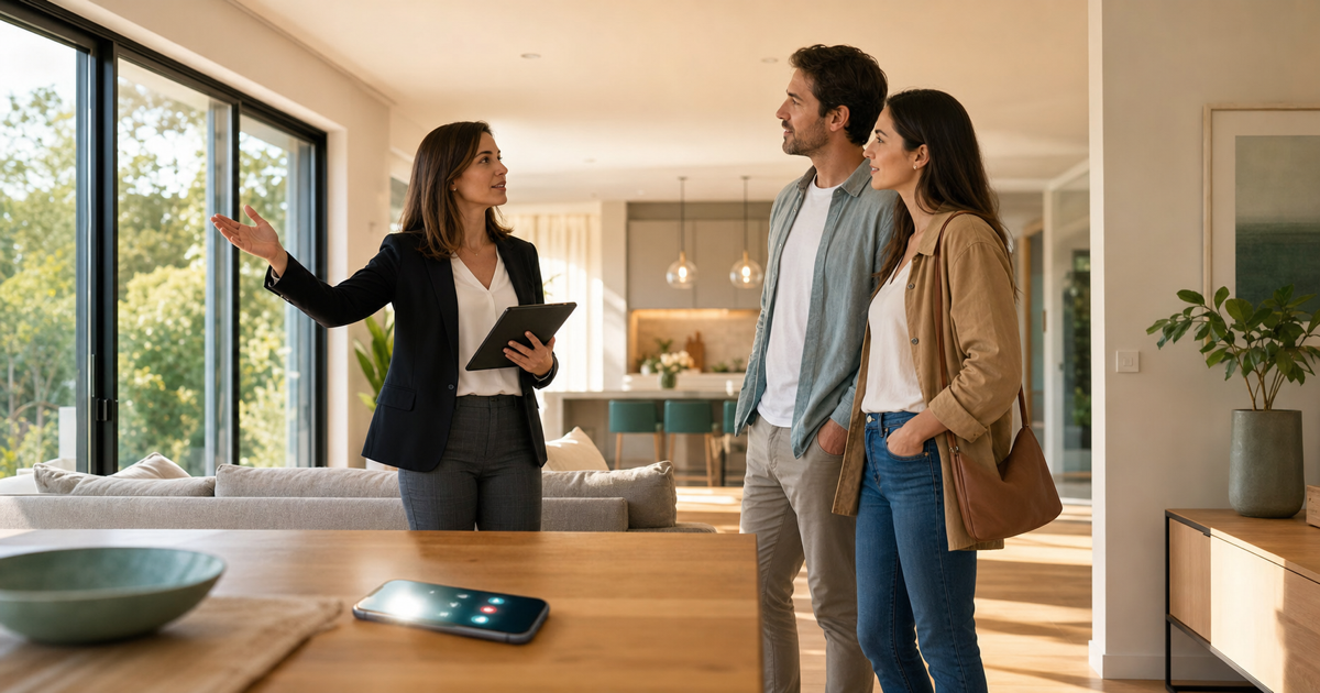 A real estate agent showing a property while a phone lights up with new leads