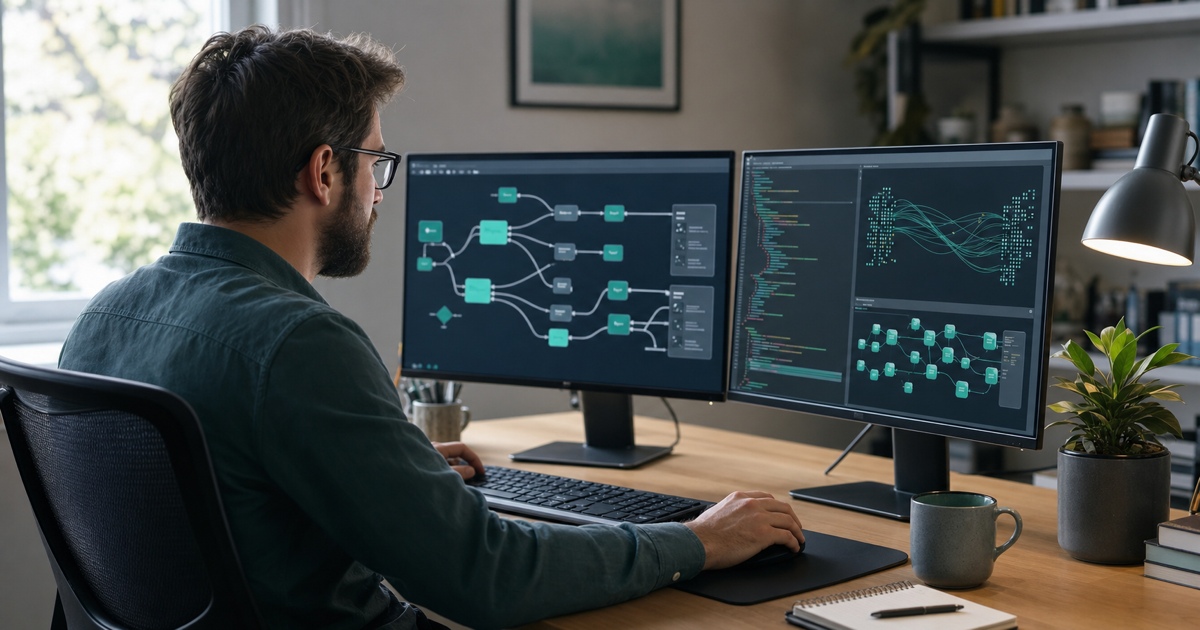 A developer designing an API architecture on a screen with endpoints and data flows
