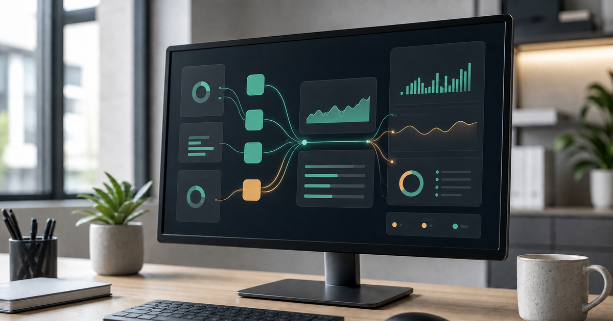 A business operations dashboard showing several connected software tools syncing data