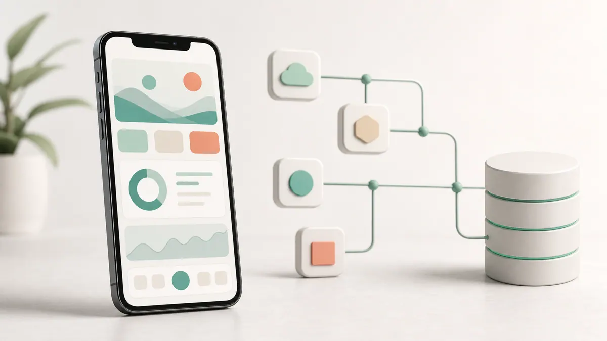 A mobile app screen next to a diagram of its backend services