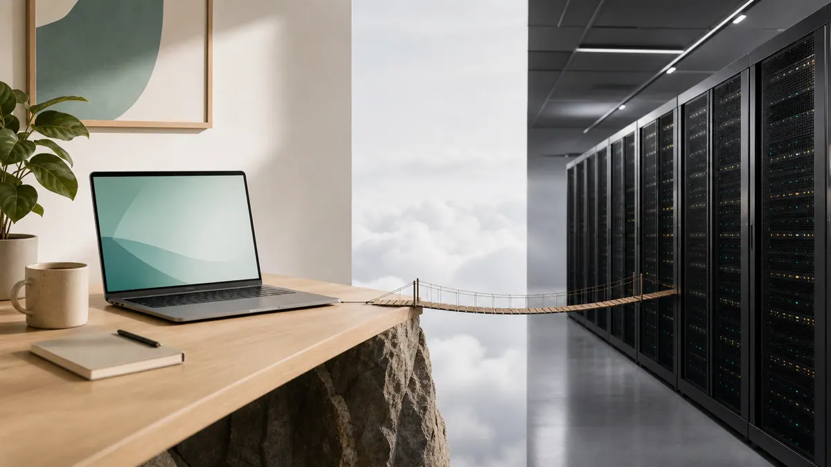 A split-screen showing a working local development setup beside a production server environment