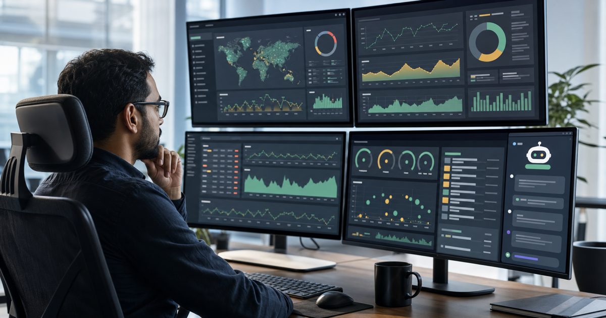 An engineer reviewing cloud infrastructure dashboards with an AI assistant panel