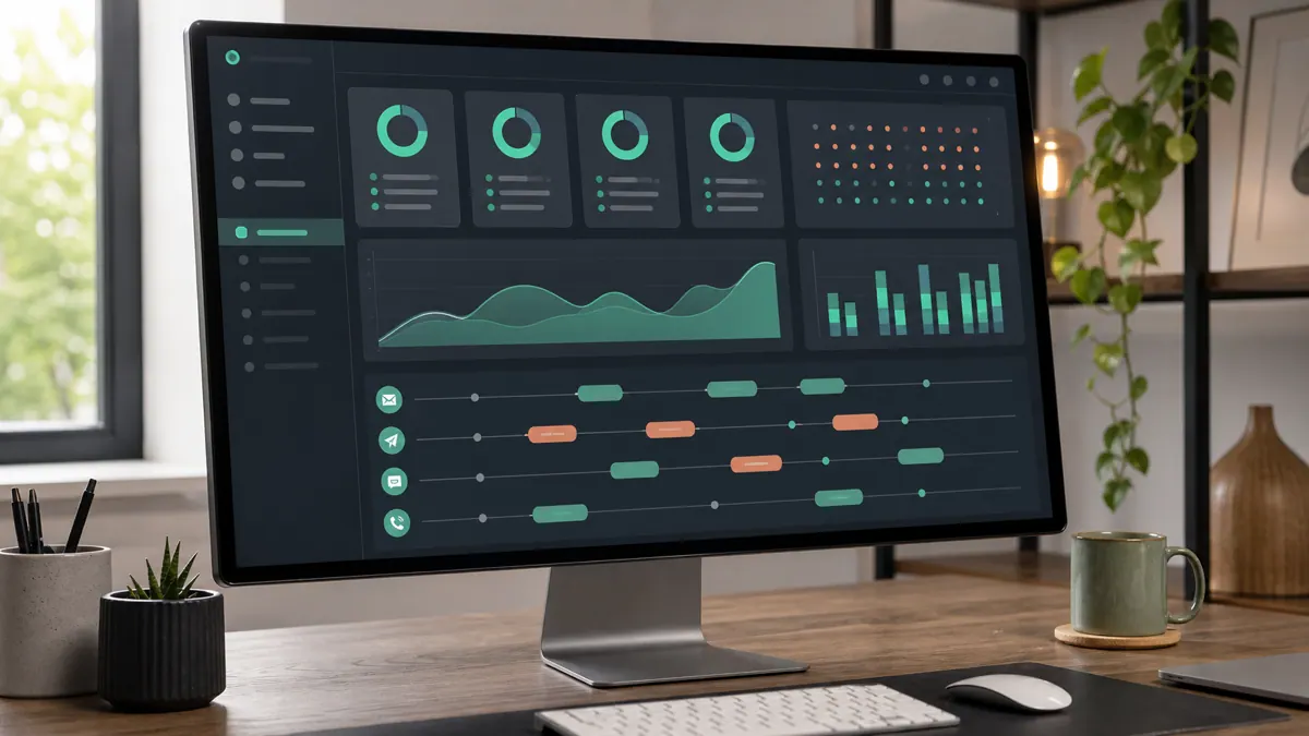 A sales operations dashboard showing prospect scoring and automated email sequences on a widescreen monitor