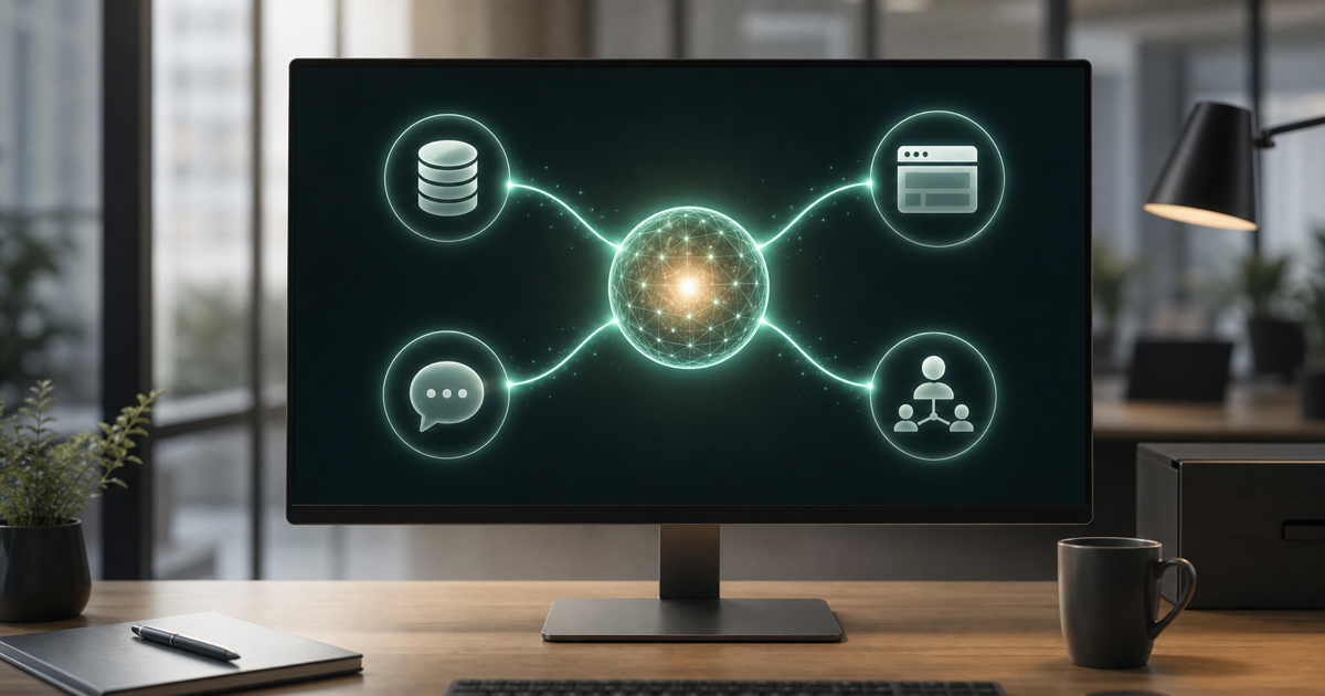 A hub connecting an AI agent to many business tools and data sources on a screen
