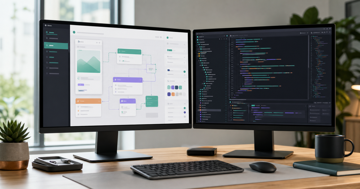 A no-code app editor beside a real code repository on two screens