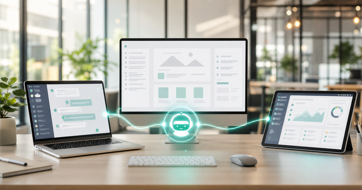 An AI agent connected to a chat app, a knowledge base, and a CRM across a workspace