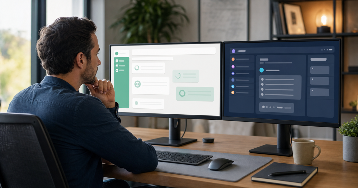 A business owner comparing two AI assistants on side-by-side screens