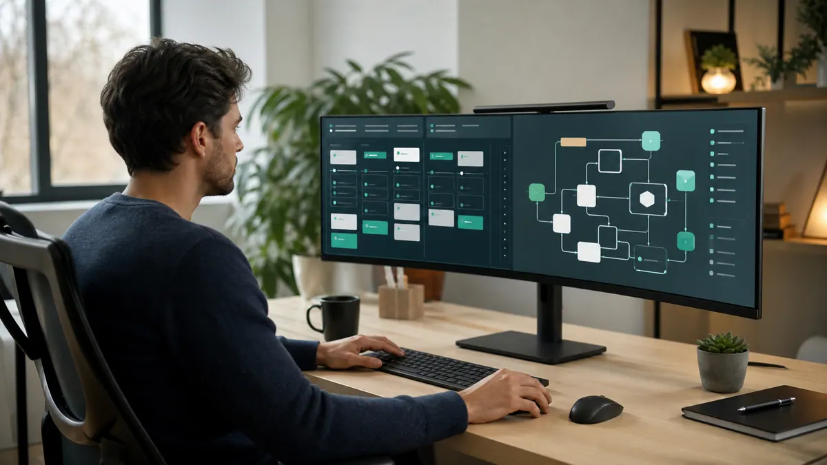 A software team reviewing a product roadmap and architecture diagram on a large monitor