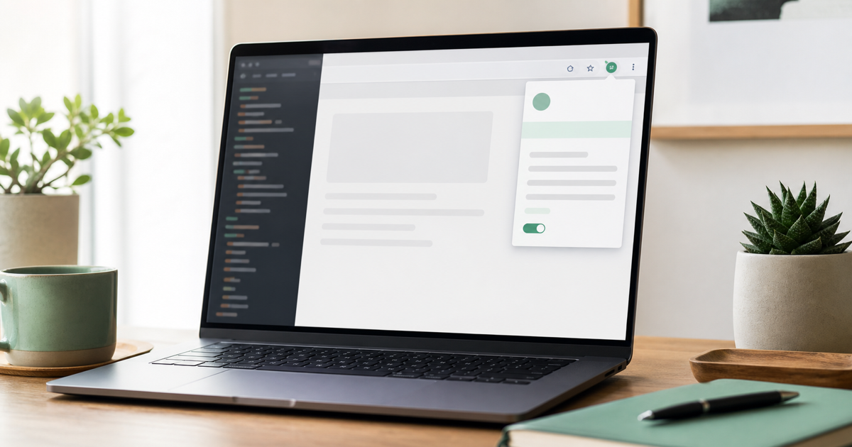 A browser window with an extension popup open beside a code editor