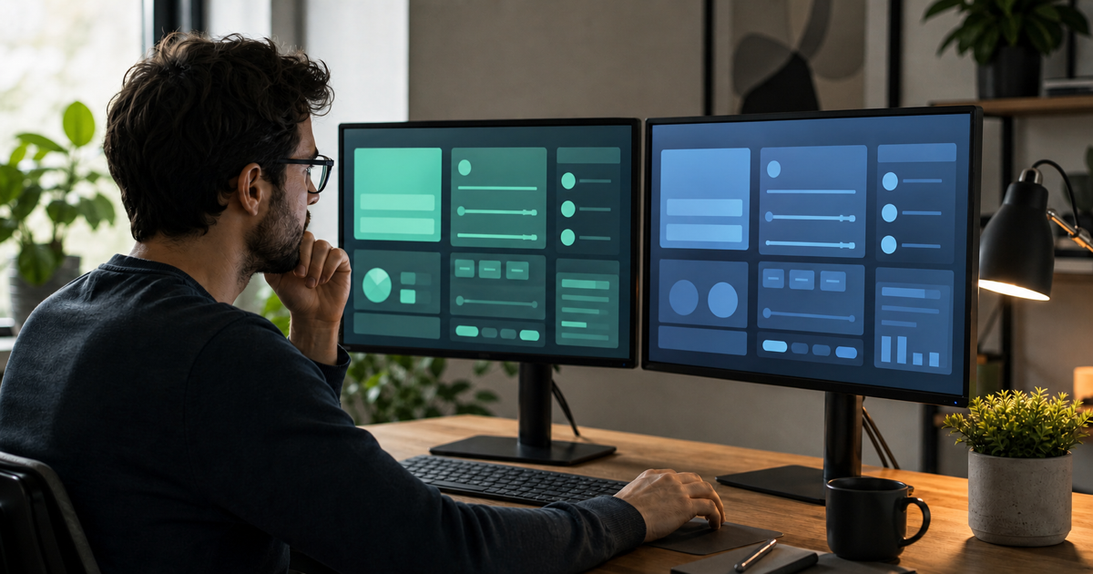 A developer studying a chatbot configuration on two screens
