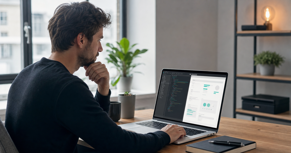 A founder looking at a code editor with an app that runs locally but is not yet deployed