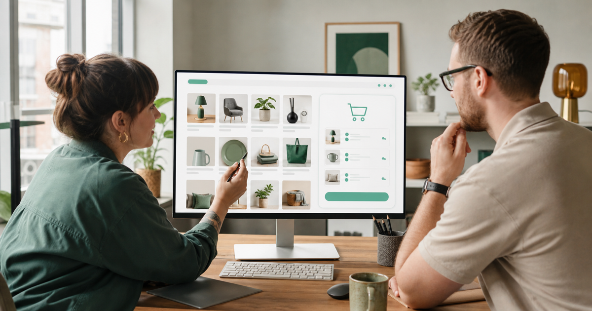 A designer and developer building a custom Shopify storefront layout on a large monitor