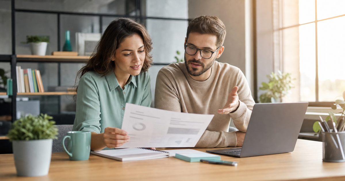 A founder and a developer reviewing a project estimate together at a desk